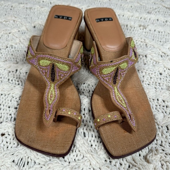 VTG Hype Embroidered Chunky Block Heel Square Toe Embroidered Thong Sandal SZ 8 - Picture 4 of 14